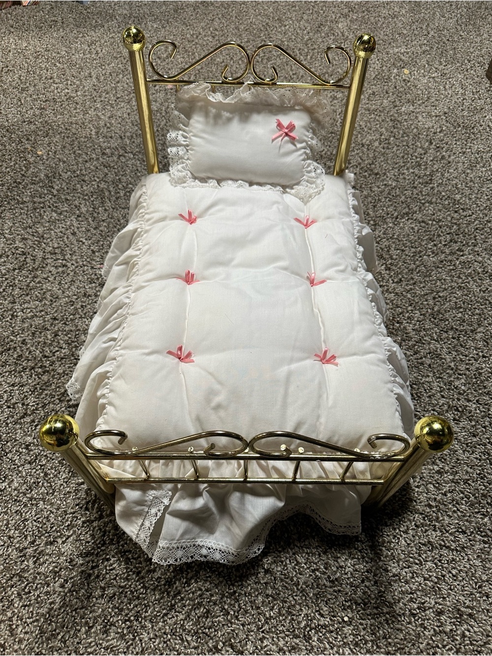 White Doll Bed Comforter Set with Pink Ribbon Accents
